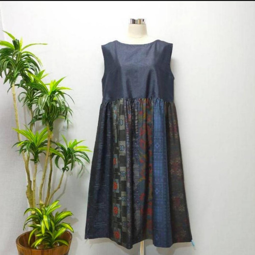 着物リメイク368 Lサイズ 花柄ロングワンピース ギャザー ジャンパー