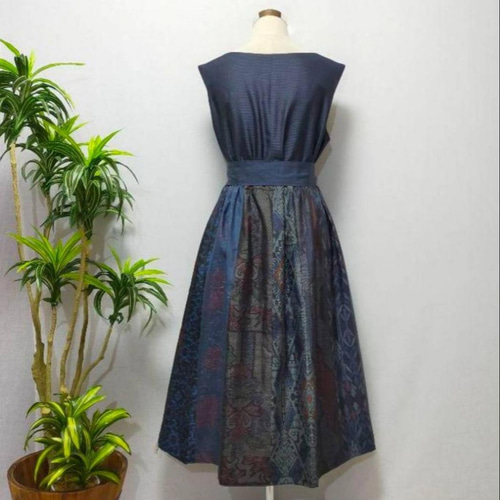 着物リメイク 大島紬カシュクールワンピース ジャンパースカート ジレ