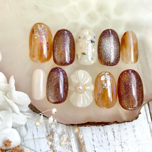 ネイルチップ　ニュアンス　ぷっくりフラワー　マグネット　ブライダルネイル　成人式 ネイルチップ(No.545) ニュアンスネイル フラワーネイル