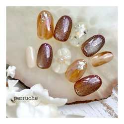 マグネットネイル　フレンチガーリー　ニュアンス　ぷっくりフラワー　ブライダル マグネットネイル フレンチガーリー ニュアンス ぷっくりフラワー