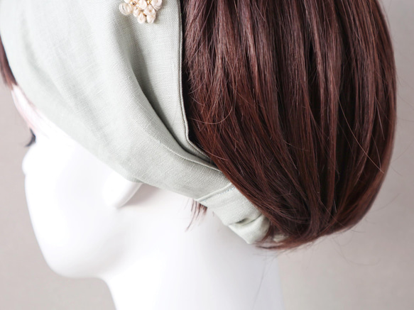 再販6◆牡丹の花のような刺繍のヘアバンド(ベールグリーン)<hairband227>受注製作 7枚目の画像