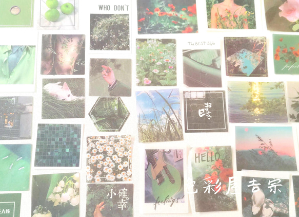✩約５０枚入　和紙風シール(緑の雨)/海外 mixフレークシール　ノスタルジックㅤレトロ　フォトジェニックㅤ色彩屋吉宗 2枚目の画像