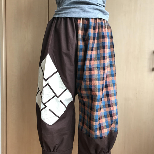 浴衣リメイクもんぺ【菱】ハンドメイド ぷっくりパンツ ワイドパンツ サルエル 男女兼用 モンペサルエル風パンツ 風呂敷リメイク フリーサイズ