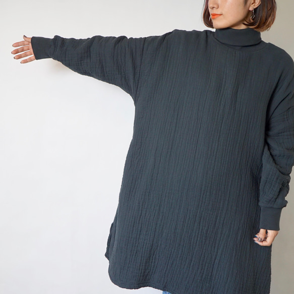 高領洋裝蓬鬆6層紗布/黑色/Mikawa紡織 第3張的照片