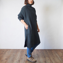 高領洋裝蓬鬆6層紗布/黑色/Mikawa紡織 第2張的照片