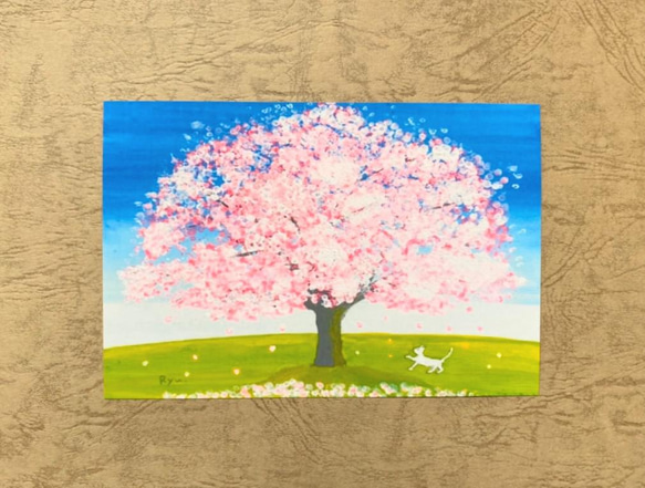 風景画 桜の絵 【選べる3枚】『春だ』 ポストカード 桜 春 猫 絵 絵画 イラスト アクリル画 風水 ハガキ 1枚目の画像