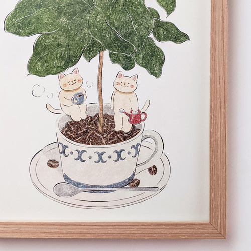 A4 猫とコーヒーの木 アートプリント/イラスト複製画 イラスト