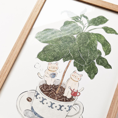 【コーヒーアート】ねこ A4 猫とコーヒー アートプリント/イラスト複製画 イラスト