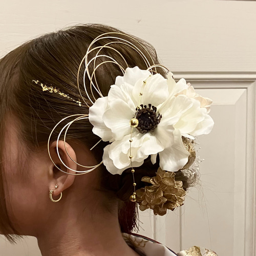 アネモネ ホワイト 成人式 前撮り 髪飾り 結婚式 卒業式 クリア
