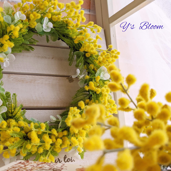 【春色のミモザとユーカリのリース】　のアーティフィシャルフラワー造花　幸せカラー　インテリア雑貨 5枚目の画像