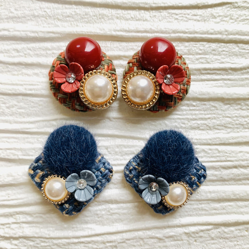 No.1091 3セット限り！ ツイード カボション 4個セットピアス 