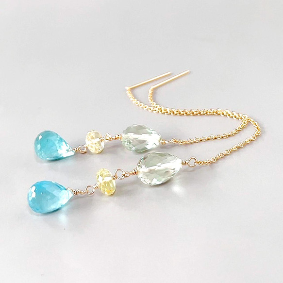 14kgf/ペールトーン アクアマリン彩天然石アメリカンチェーンピアス