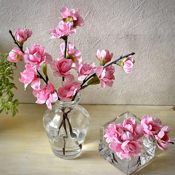 ラッピング無料！桃の花S マジカルウォーター フラワーインテリア キューブガラス花器 ギフト 10枚目の画像