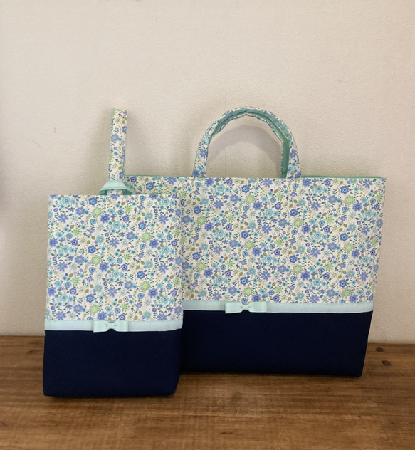 Ri-sami様オーダー品》花柄×ネイビー♡リボン レッスンバッグ【入園 
