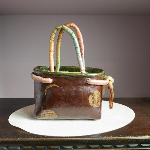 一閑張り竹かごバック ◉ひとみ！美品 一閑張り 竹籠バック 鶴 松 時代物布