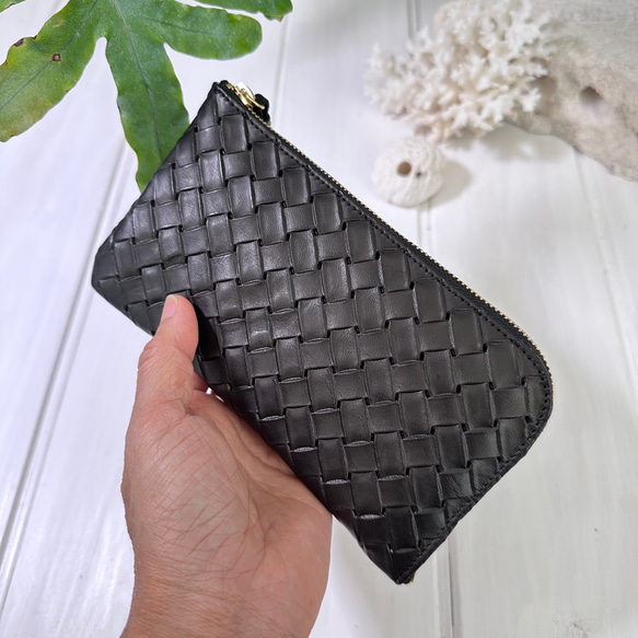【受注生産】メッシュ加工のオイルレザー☆L字ファスナー長財布『coronコロン』Black&Brown 4枚目の画像