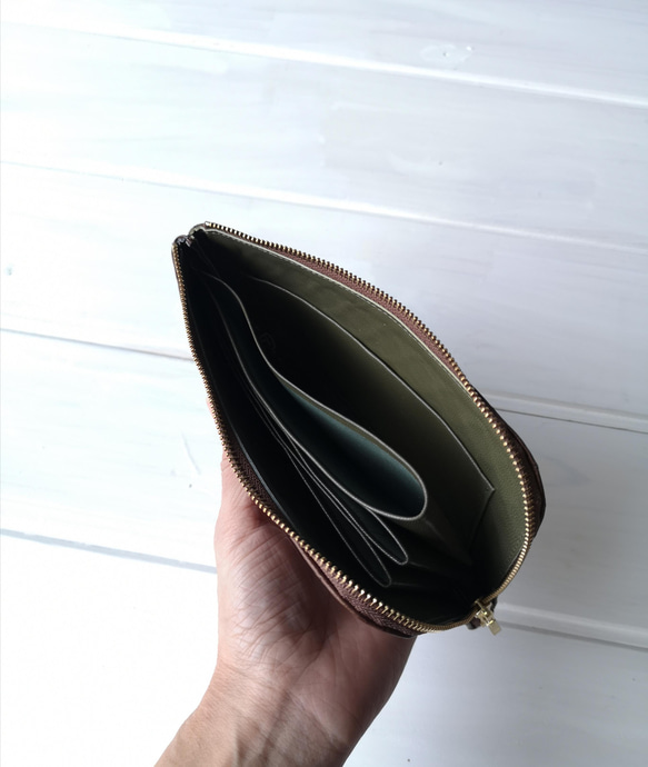【受注生産】メッシュ加工のオイルレザー☆L字ファスナー長財布『coronコロン』Black&Brown 8枚目の画像