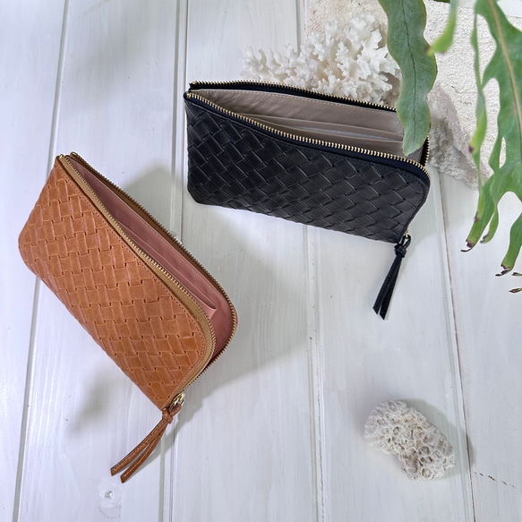【受注生産】メッシュ加工のオイルレザー☆L字ファスナー長財布『coronコロン』Black&Brown 6枚目の画像