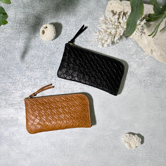 【受注生産】メッシュ加工のオイルレザー☆L字ファスナー長財布『coronコロン』Black&Brown 1枚目の画像