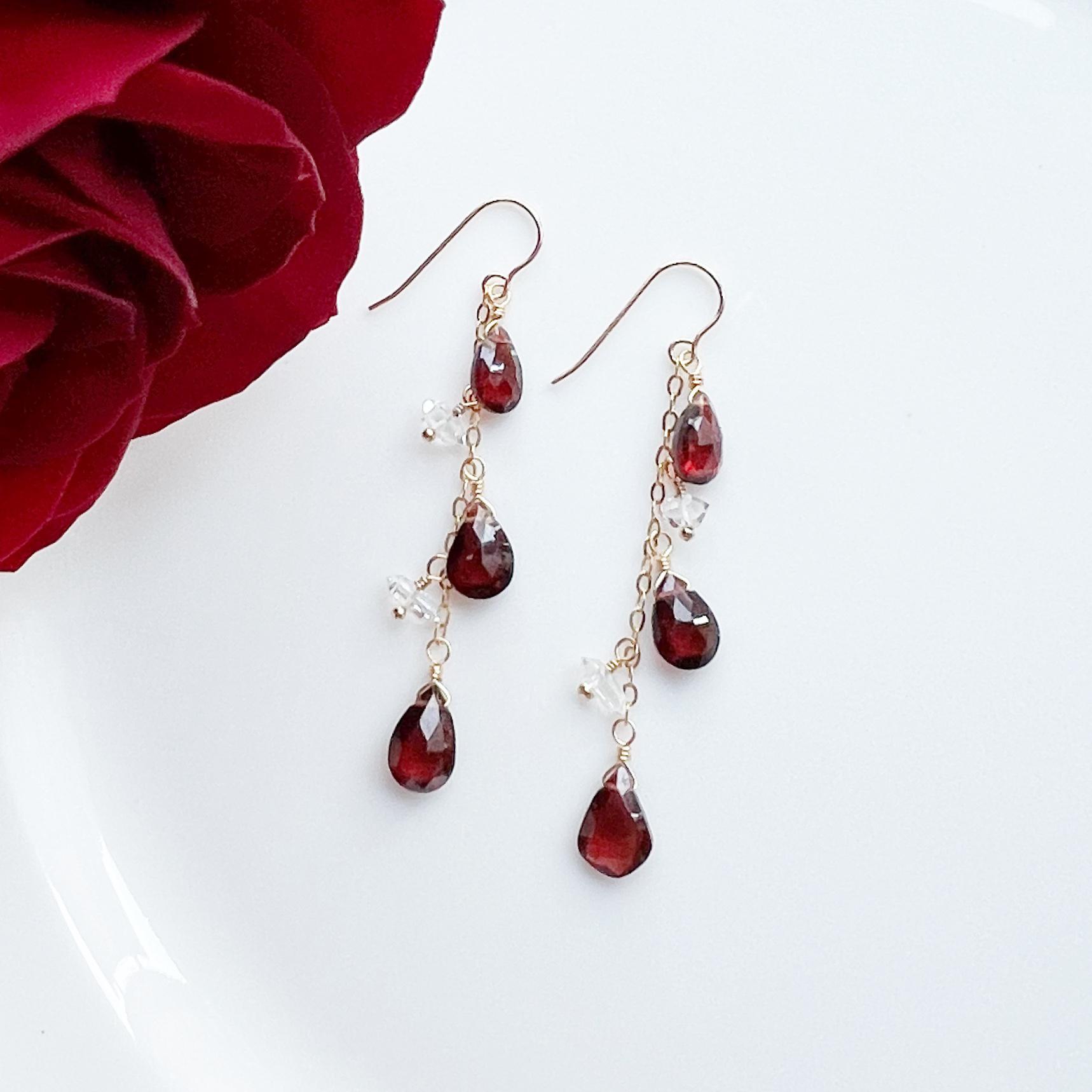 14KGF ガーネット ハーキマーダイヤモンド ピアス con fuoco trio