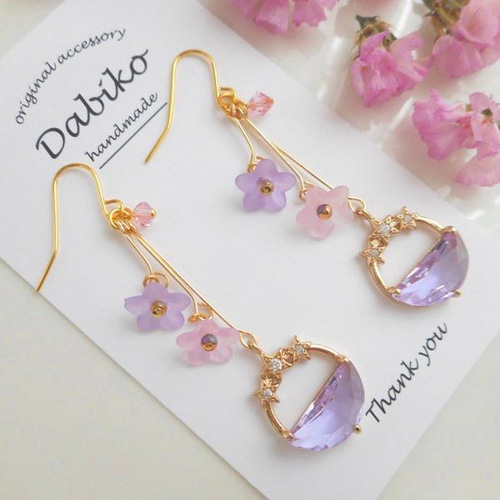 K16美しいハーフガラスのフラワーキラキラ上品春ピアス