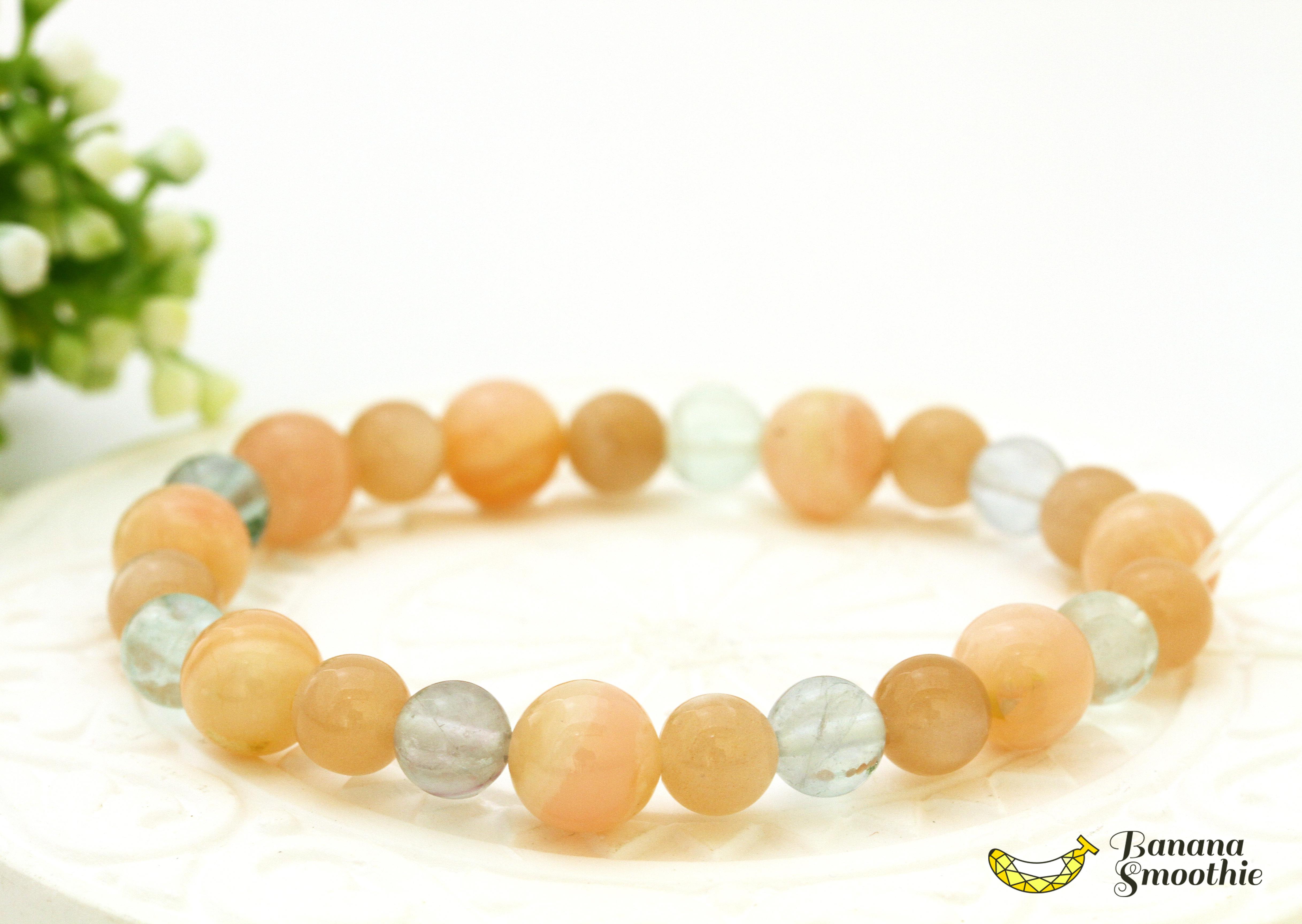 幸福を招く優しい色味 ピーチムーンストーン ピーチクォーツ グリーンフローライト の 天然石ブレスレット ６月誕生石