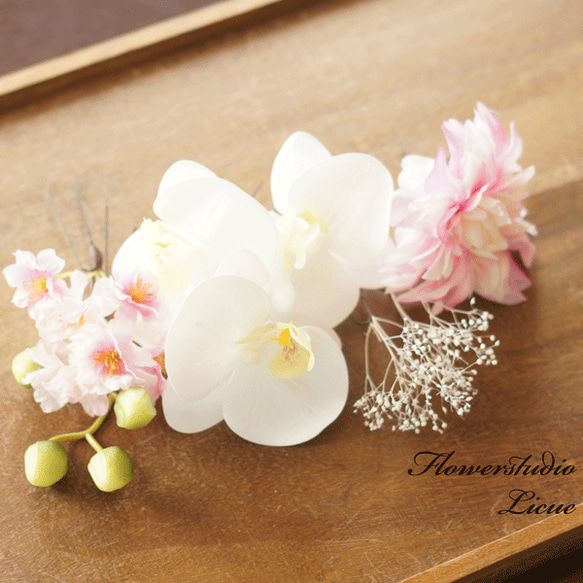 【髪飾り】桜と胡蝶蘭とダリアの髪飾り♪ 5枚目の画像