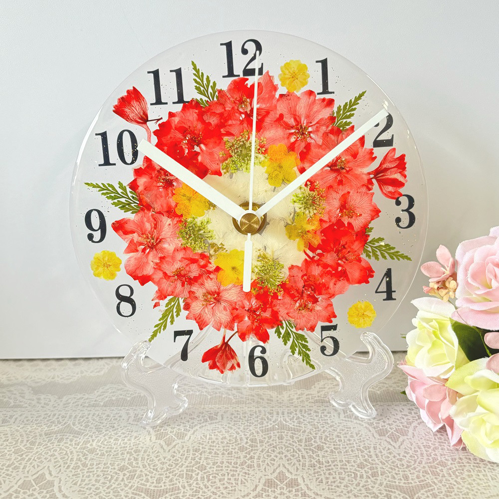 【ギフト】押し花 花時計 【フラワーサークル・スカーレット】 φ15cm ハンドメイド ギフト ボックス入り