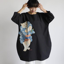 ⁂１０/３１まで芸術の秋ＳＡＬＥ。手描き「腕組む歌舞伎猫」コットン一枚布ワンピース ネコ 狂言 和装G86 4枚目の画像