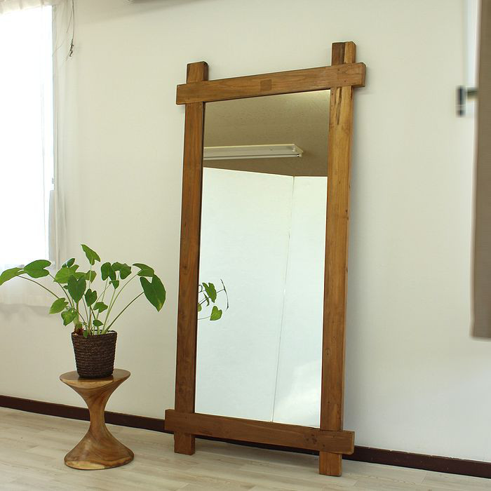 鏡 姿見 全身ミラー チーク無垢材 古材 リメイク 大型 W95×D4×H190cm 美容室 エステ ヨガスタジオ