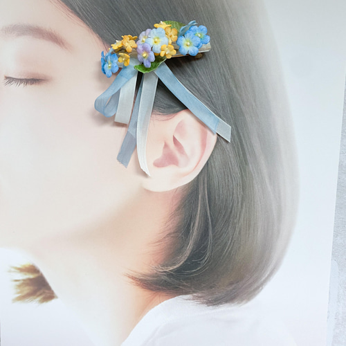 勿忘草と小花のリボンバレッタ 布花 ワスレナグサ 忘れな草