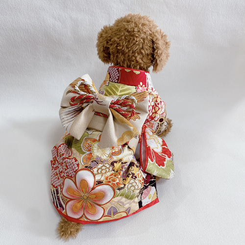 犬の着物✨京友禅 犬用本格振袖 正絹 晴れ着 M 赤×ゴールド 犬服 犬の着物✨京友禅 犬用本格振袖 正絹 晴れ着 M 赤×ゴールド 犬服
