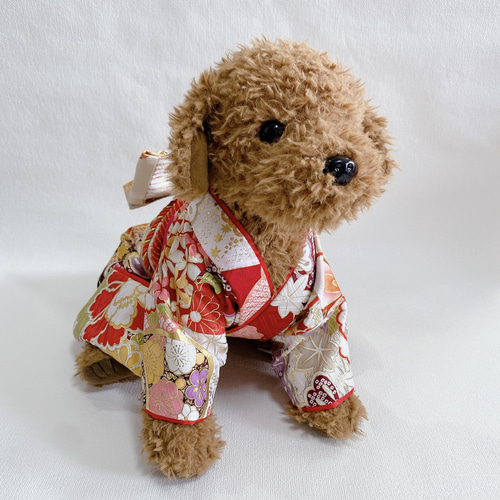 当季大流行 正絹 犬用本格振袖 犬の着物✨京友禅 晴れ着 犬服 赤×ゴールド M 犬服・アクセサリー