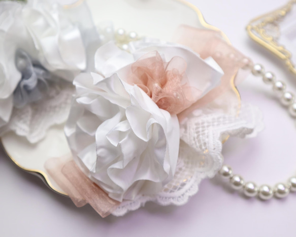 ⭐︎キッズカチューシャ⭐︎  サテンシフォンローズ　くすみピンク　結婚式　ヘッドドレス　発表会　入学式　フォーマル 7枚目の画像