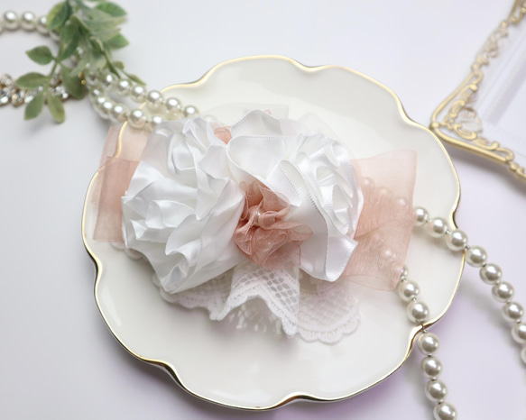 ⭐︎キッズカチューシャ⭐︎  サテンシフォンローズ　くすみピンク　結婚式　ヘッドドレス　発表会　入学式　フォーマル 6枚目の画像
