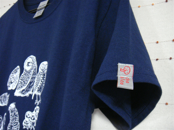 【シルク印刷】フクロウと猫：女子S〜Mサイズ（150〜160cm対応サイズ）濃紺 4枚目の画像