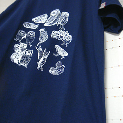 【シルク印刷】フクロウと猫：女子S〜Mサイズ（150〜160cm対応サイズ）濃紺 5枚目の画像