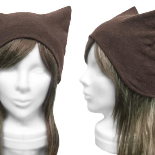 シンプル 猫耳帽子◇ウォッシャブル ウールニット／杢ダークブラウン