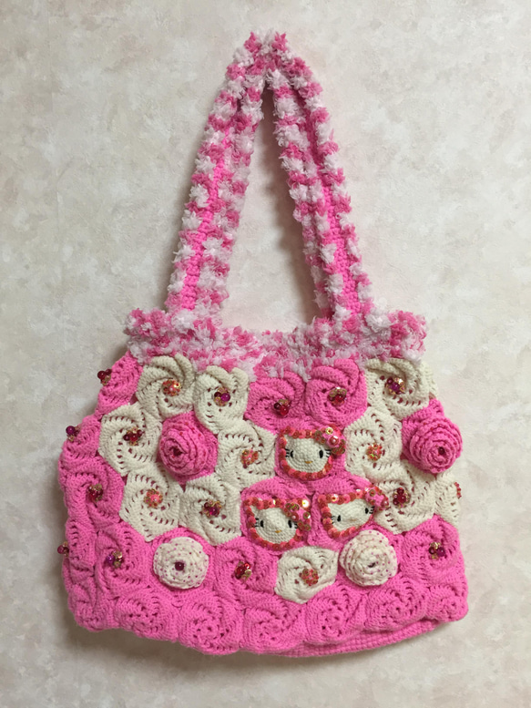 ピンク色/猫風/手編み/かぎ針編み/ショルダーバッグ&小バッグ2点セット 9枚目の画像