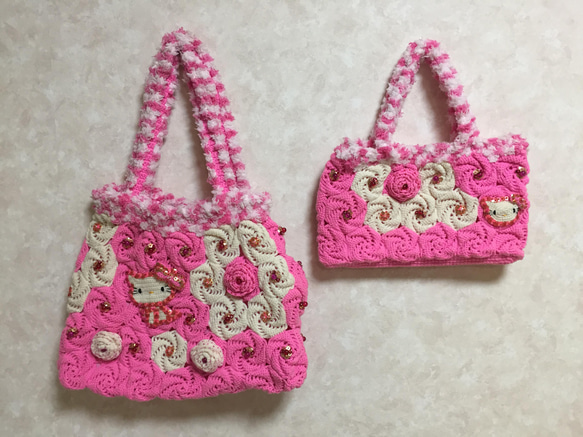 ピンク色/猫風/手編み/かぎ針編み/ショルダーバッグ&小バッグ2点セット