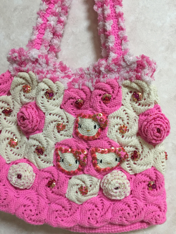 ピンク色/猫風/手編み/かぎ針編み/ショルダーバッグ&小バッグ2点セット 11枚目の画像