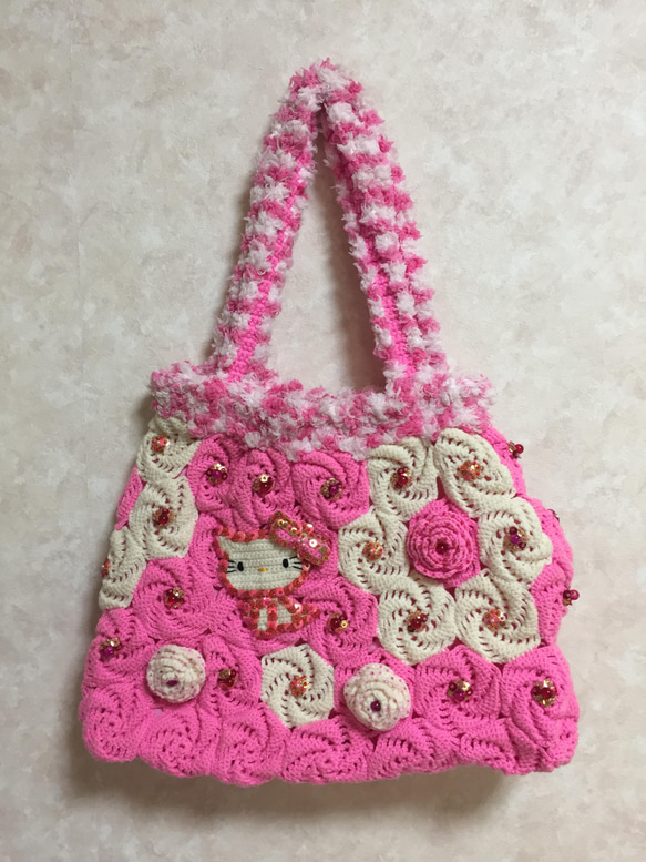 ピンク色/猫風/手編み/かぎ針編み/ショルダーバッグ&小バッグ2点セット 5枚目の画像