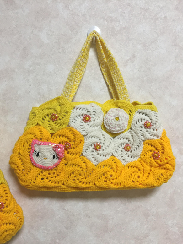 黄色/猫風/手編み/かぎ針編み/ショルダーバッグ&小バッグ2点セット 4枚目の画像