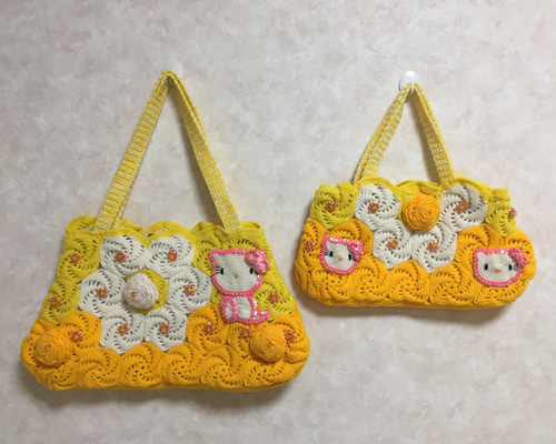 黄色/猫風/手編み/かぎ針編み/ショルダーバッグ&小バッグ2点セット