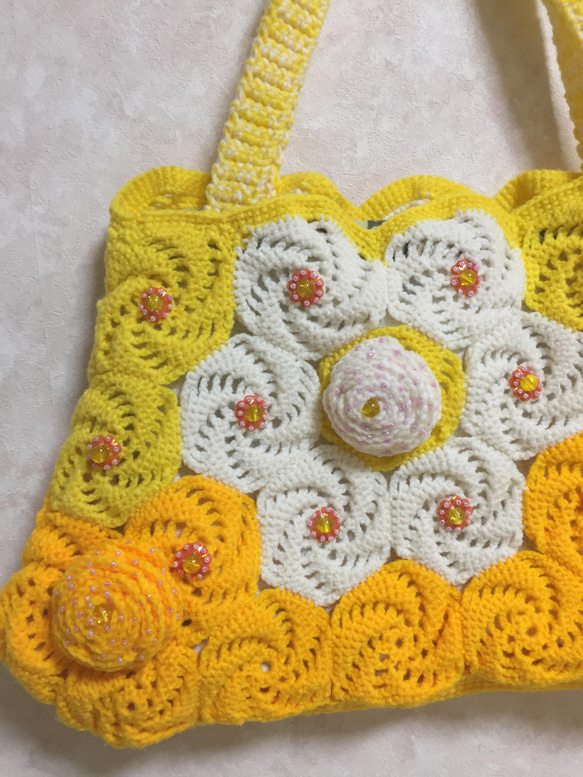 黄色/猫風/手編み/かぎ針編み/ショルダーバッグ&小バッグ2点セット 10枚目の画像