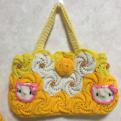 黄色/猫風/手編み/かぎ針編み/ショルダーバッグ&小バッグ2点セット 3枚目の画像