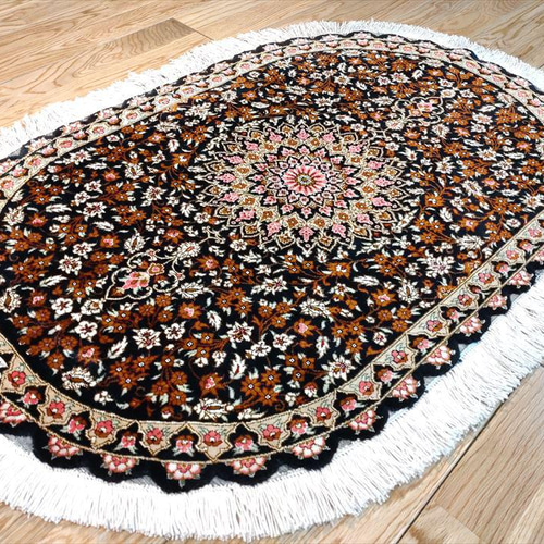 商談中】ペルシャ絨毯 クム産 シルク 手織り絨毯 楕円形 91Φ58cm