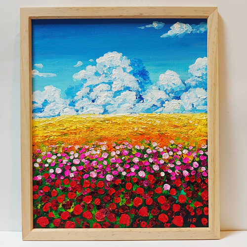 油絵 絵画  海のお花畑【Ａ4】 油絵 油彩 油彩画 絵 絵画【海のひまわり畑】 | HIROSHI1990