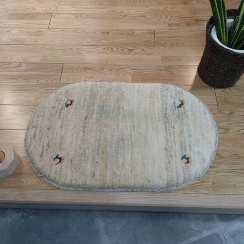 ペルシャ ギャッベ 玄関マット 楕円形 83Φ55cm ベージュ 手織り