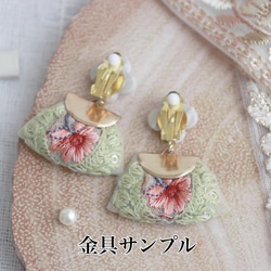 no.44 お花 タイル インド刺繍 リボン ♡ ピンク×花　イヤリング 3枚目の画像